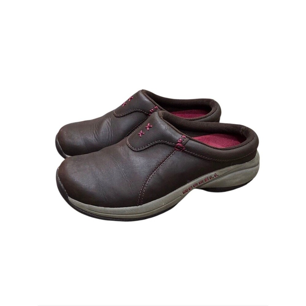 MERRELL Jungle Moc Brown Leather Slip On Clogs Mules Brown Pink Shoes Size 7